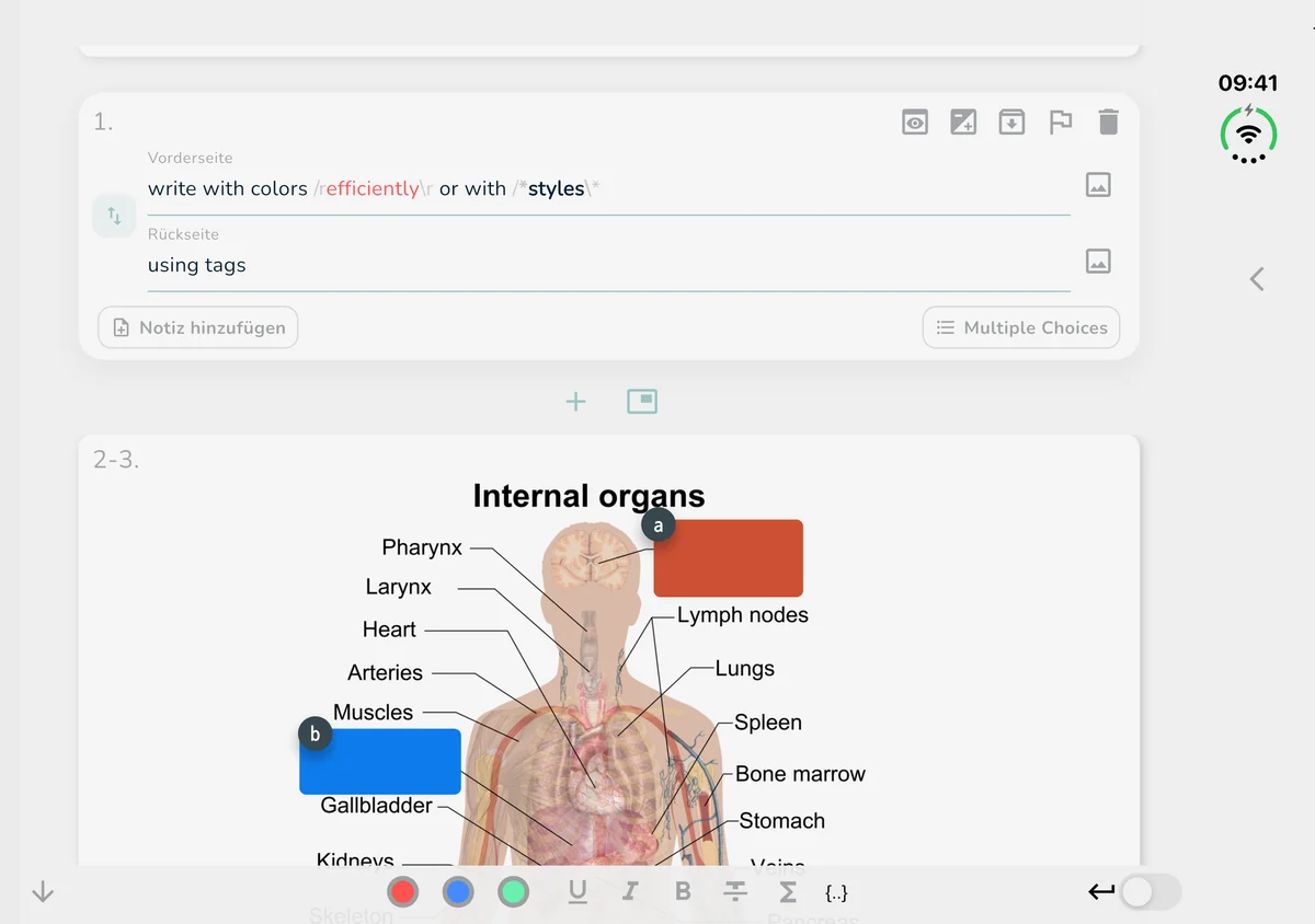 OutLearn aufgeklappt auf dem iPhone Duo mit dem Karteneditor