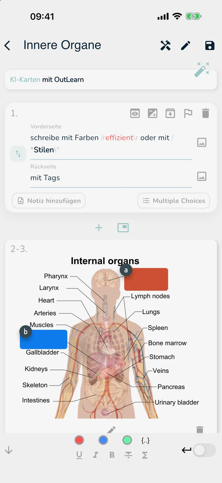 OutLearn-Karteneditor mit Farben, Stilen und einer Bildverdeckungs-Karte