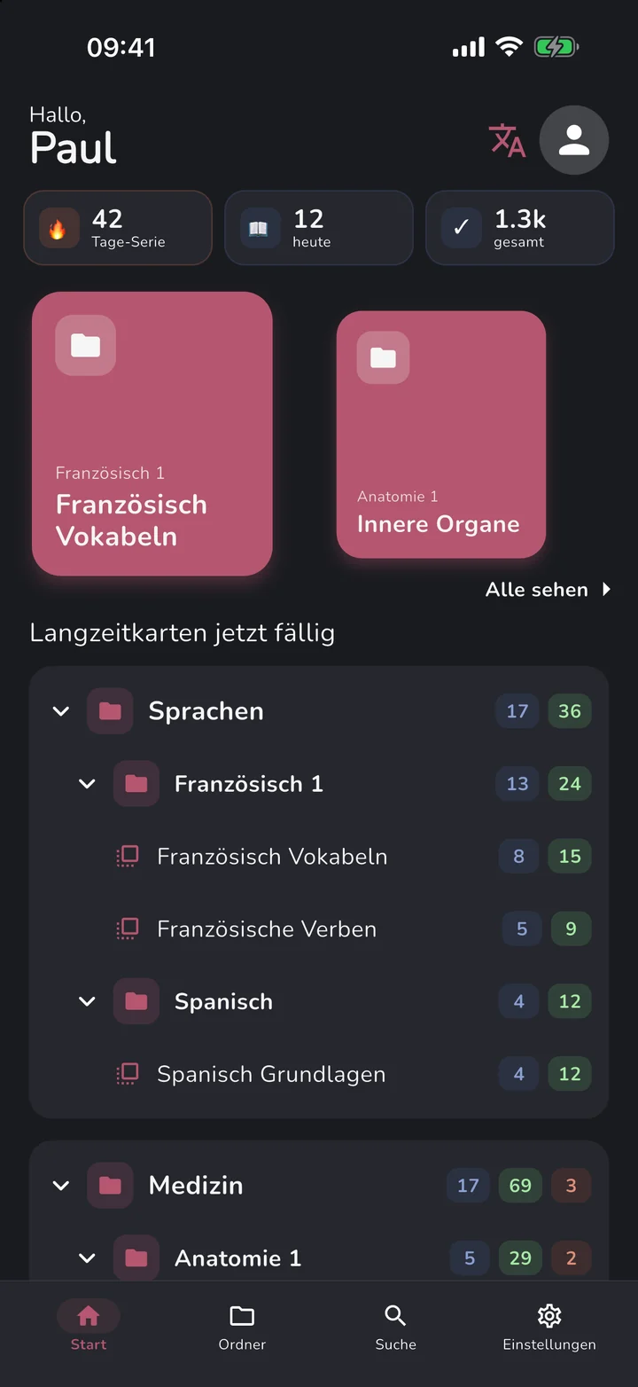 OutLearn Start im Dunkelmodus mit dem Bordeaux-Design