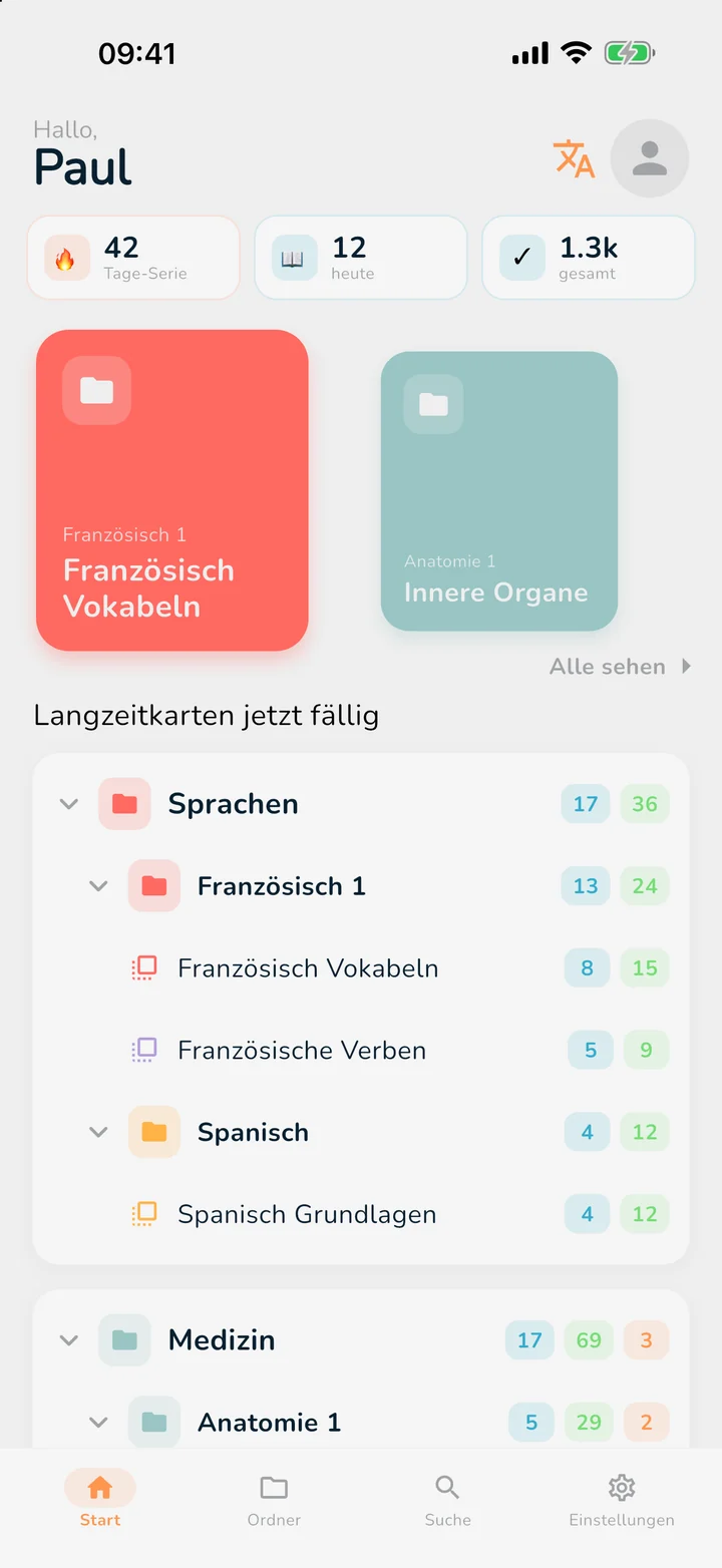 OutLearn Start: Serie, zuletzt genutzte Decks und der Ordnerbaum für das Langzeitlernen