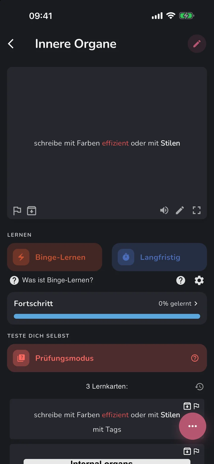 Das Deck Innere Organe im Dunkelmodus mit Binge-Lernen, Langfristig und Prüfungsmodus