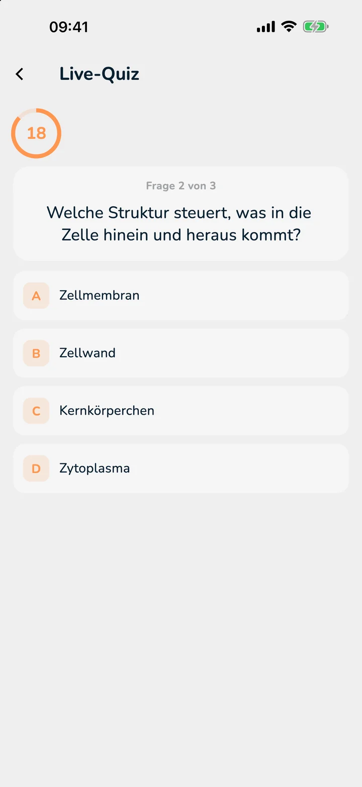 Quiz-Bildschirm eines Schülers in OutLearn auf dem iPhone