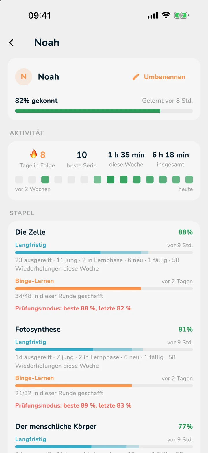 Fortschrittsseite eines Schülers in OutLearn auf dem iPad