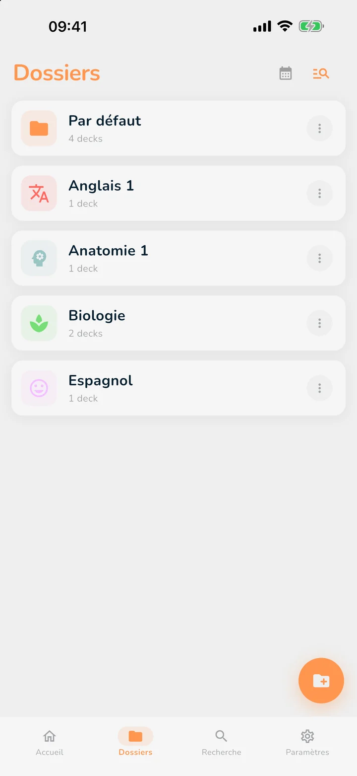 L’onglet Dossiers d’OutLearn : Par défaut, Français 1, Anatomie 1, Bio et Espagnol