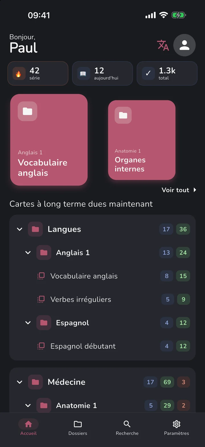 L’accueil d’OutLearn en mode sombre avec le thème Bordeaux