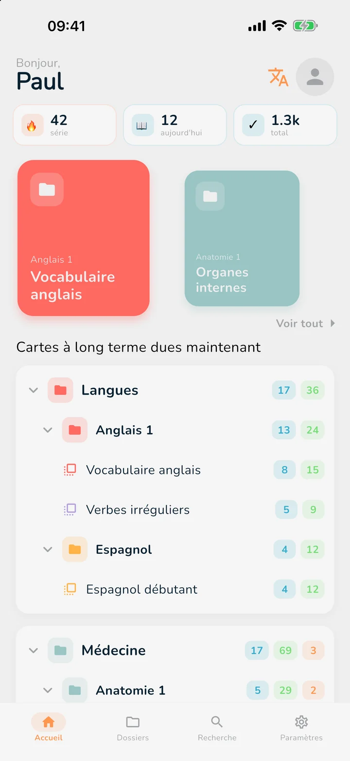L’accueil d’OutLearn : série, decks récents et arbre des dossiers long terme