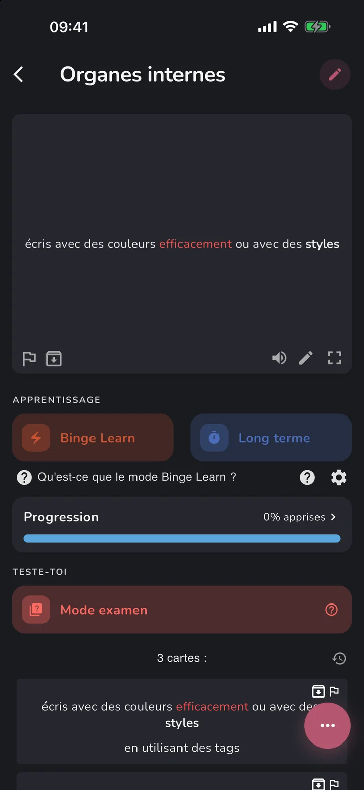 Le deck Organes internes en mode sombre avec Binge Learn, Long terme et Mode examen