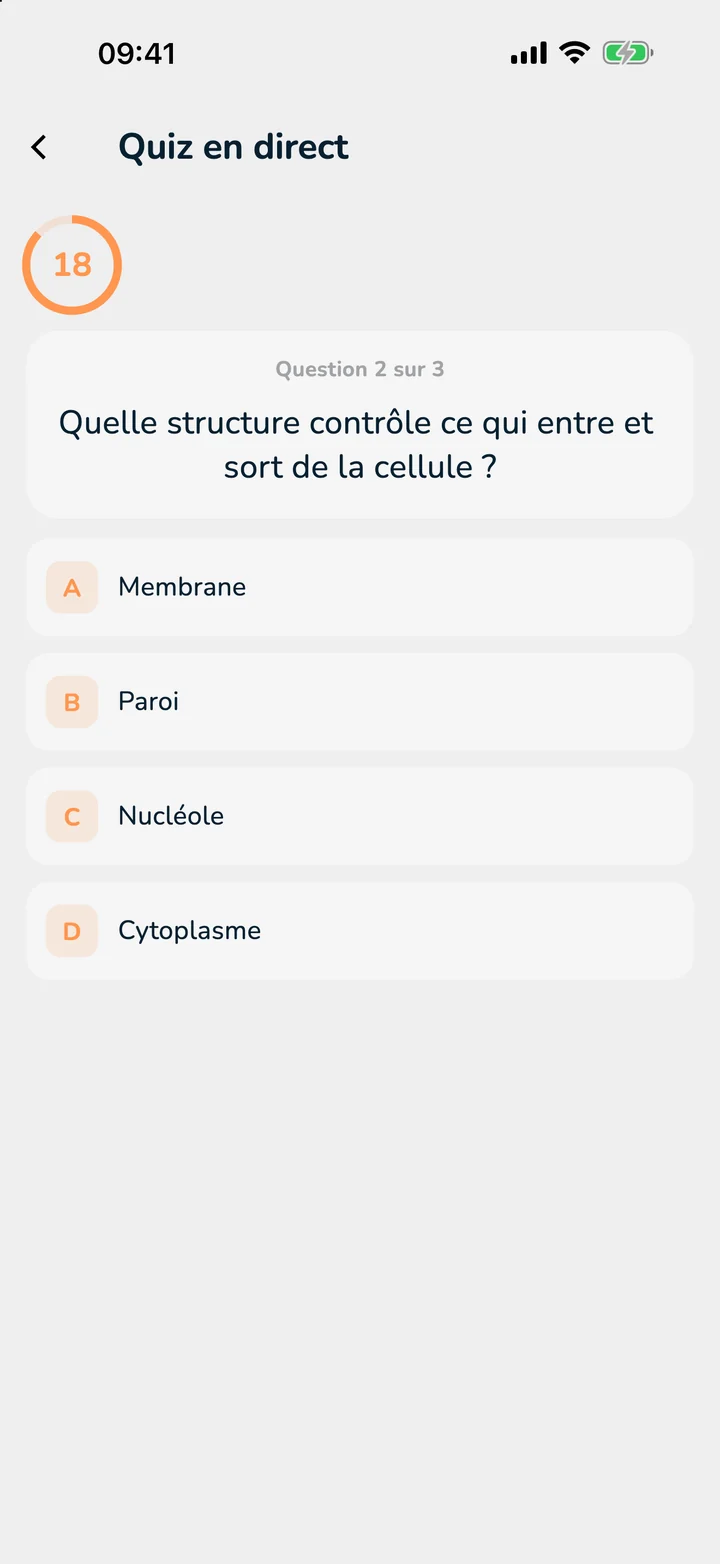 Écran de quiz d’un élève dans OutLearn sur iPhone