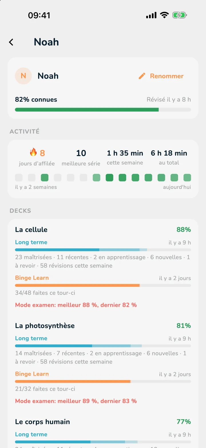 Page de progression d’un élève dans OutLearn sur iPad
