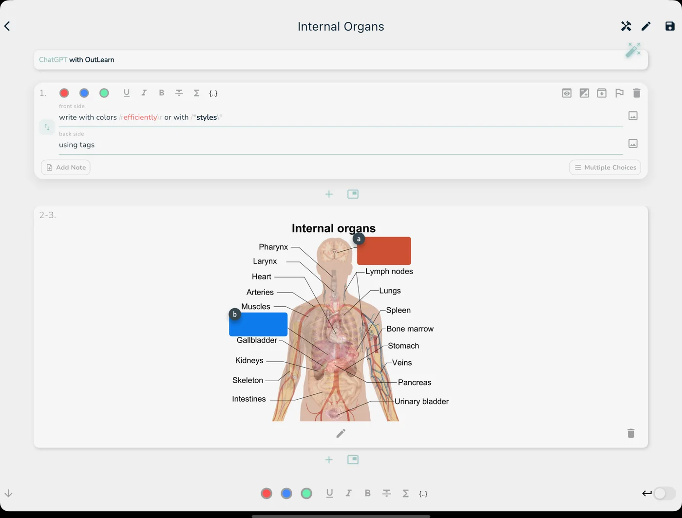 OutLearn on iPad: the Internal Organs editor with an image occlusion card