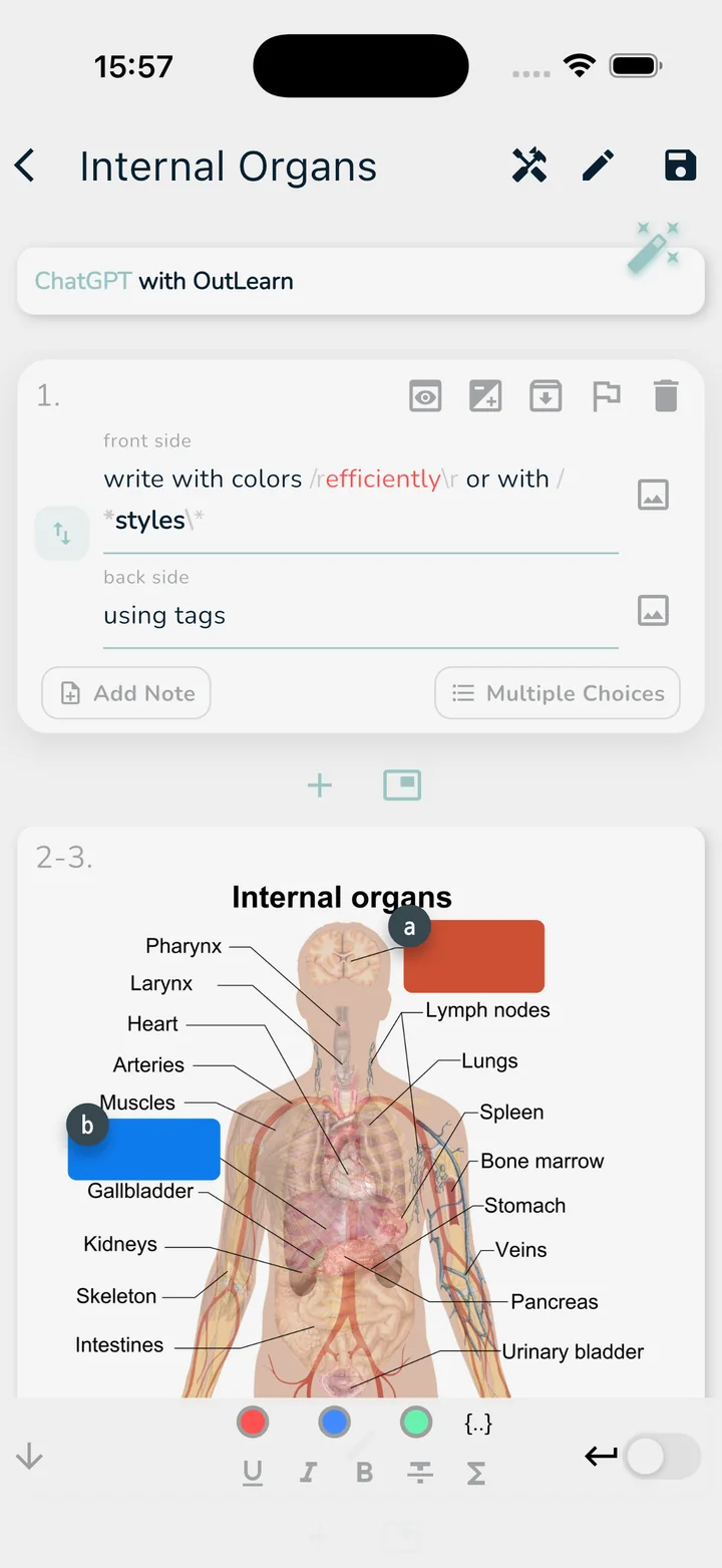 OutLearn flashcard editor with colors, styles and an image occlusion card