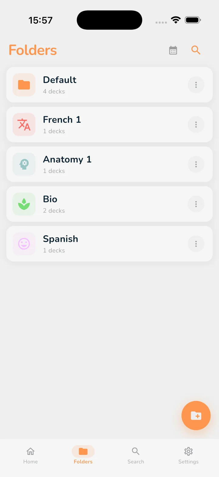 OutLearn Folders tab: Default, French 1, Anatomy 1, Bio and Spanish