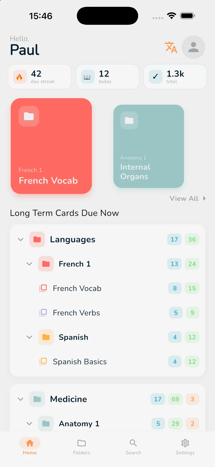 OutLearn Home: streak, recent decks and the long-term folder tree