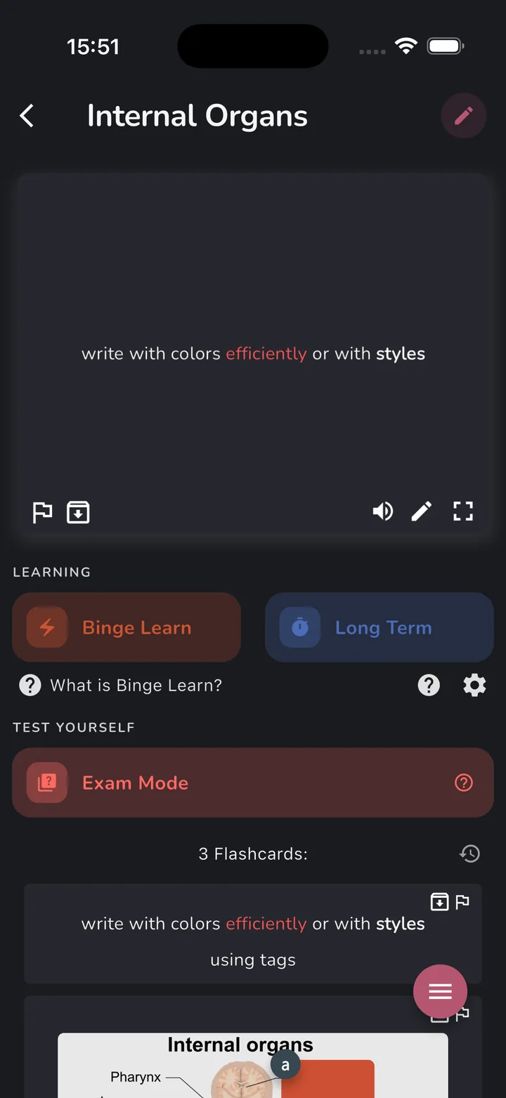 Internal Organs deck in dark mode with Binge Learn, Long Term and Exam Mode