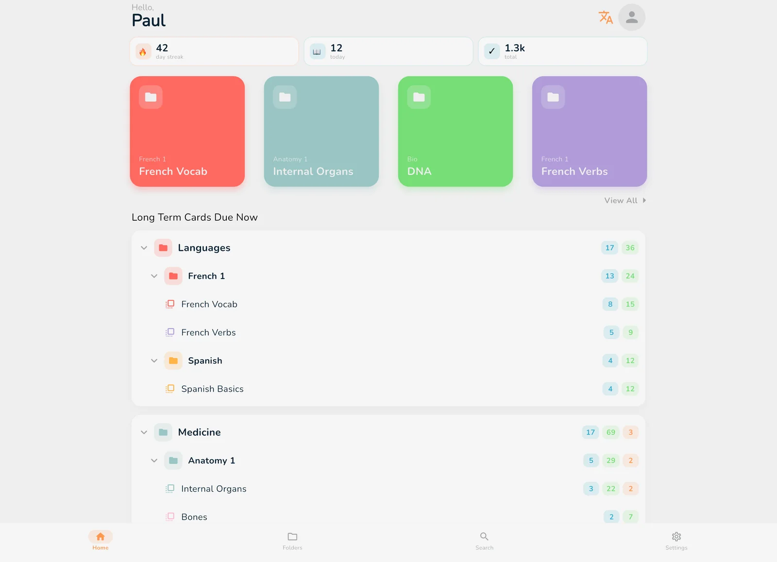 OutLearn on Mac: Home with recent decks and the folder tree