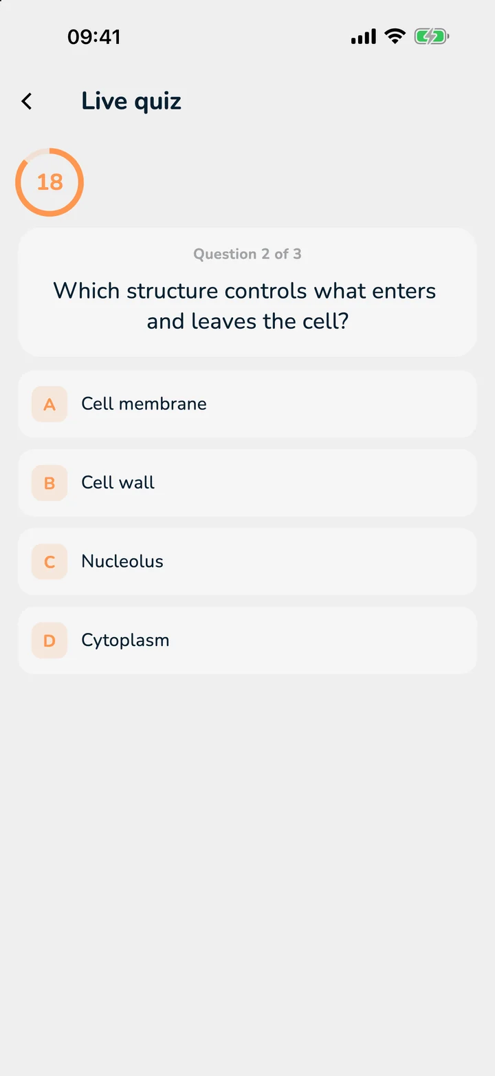 A student's quiz screen in OutLearn on the iPhone
