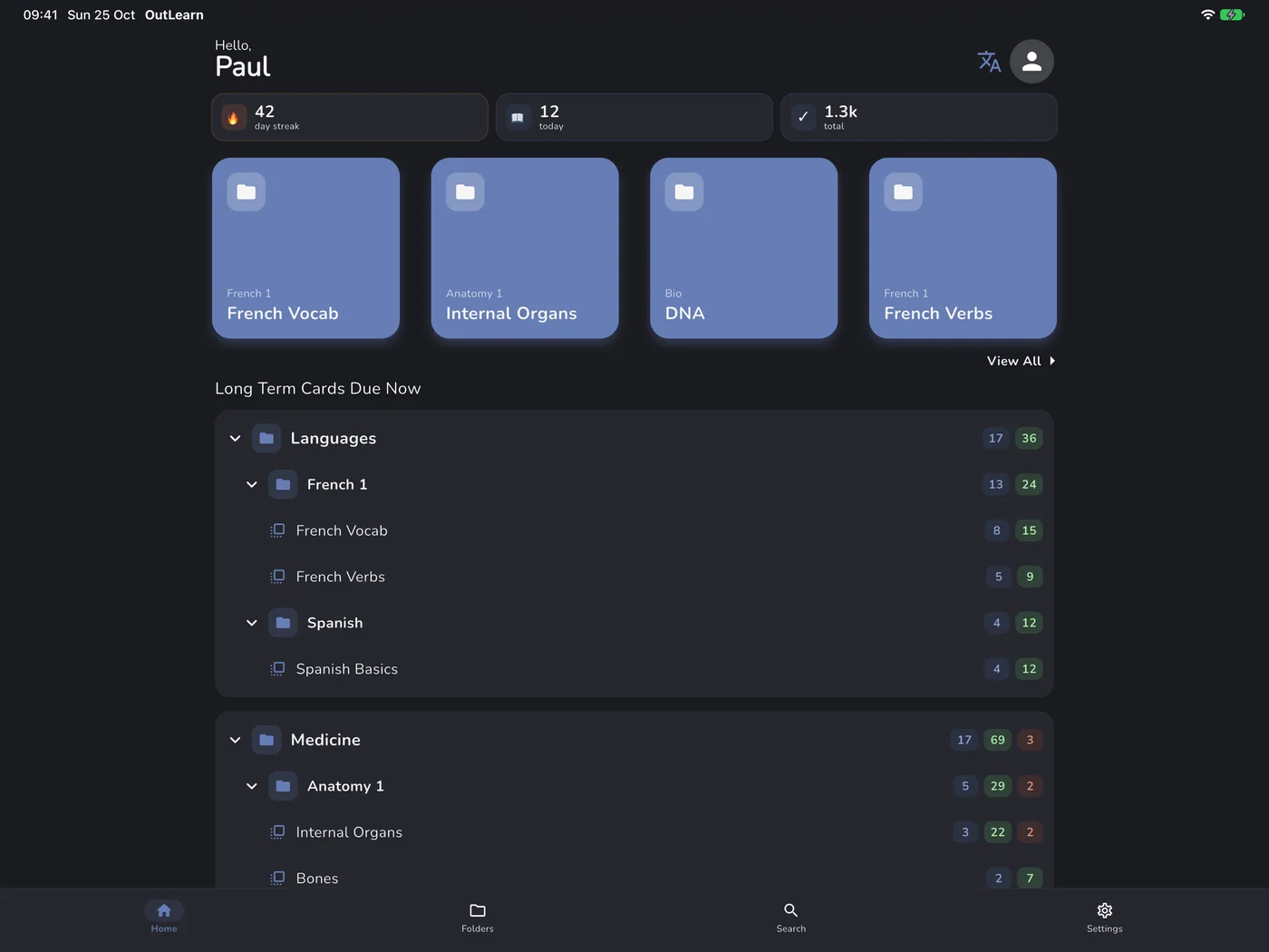 OutLearn Home on iPad, dark mode, Blue theme
