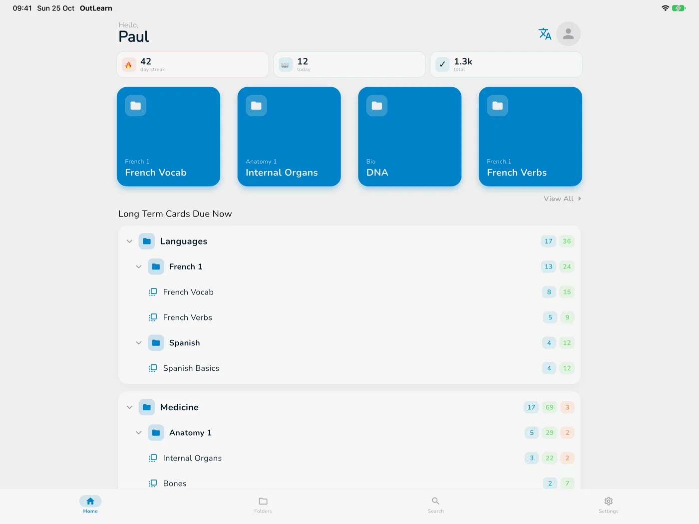 OutLearn Home on iPad, light mode, Blue theme