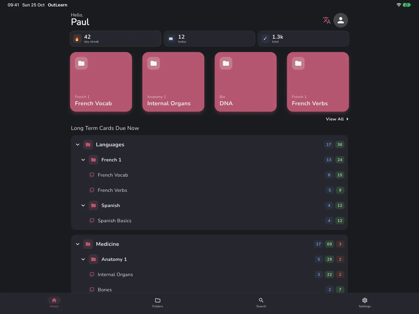 OutLearn Home on iPad, dark mode, Bordeaux theme