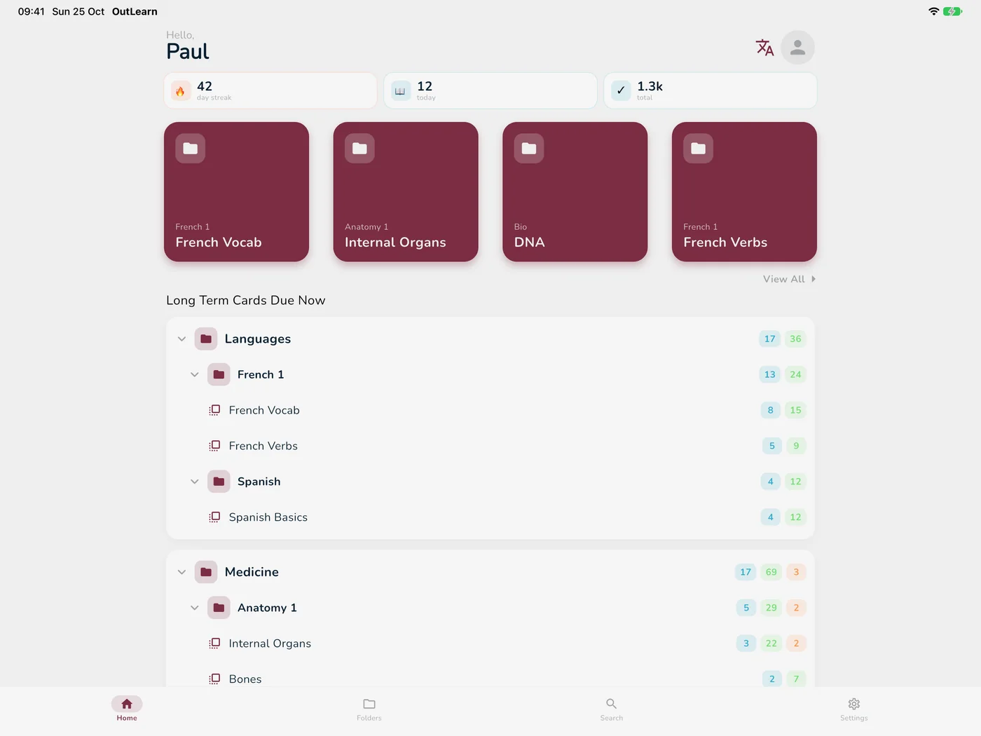OutLearn Home on iPad, light mode, Bordeaux theme