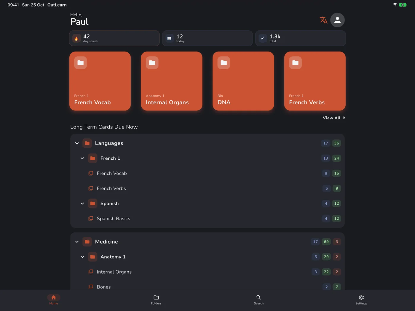OutLearn Home on iPad, dark mode, Classic theme