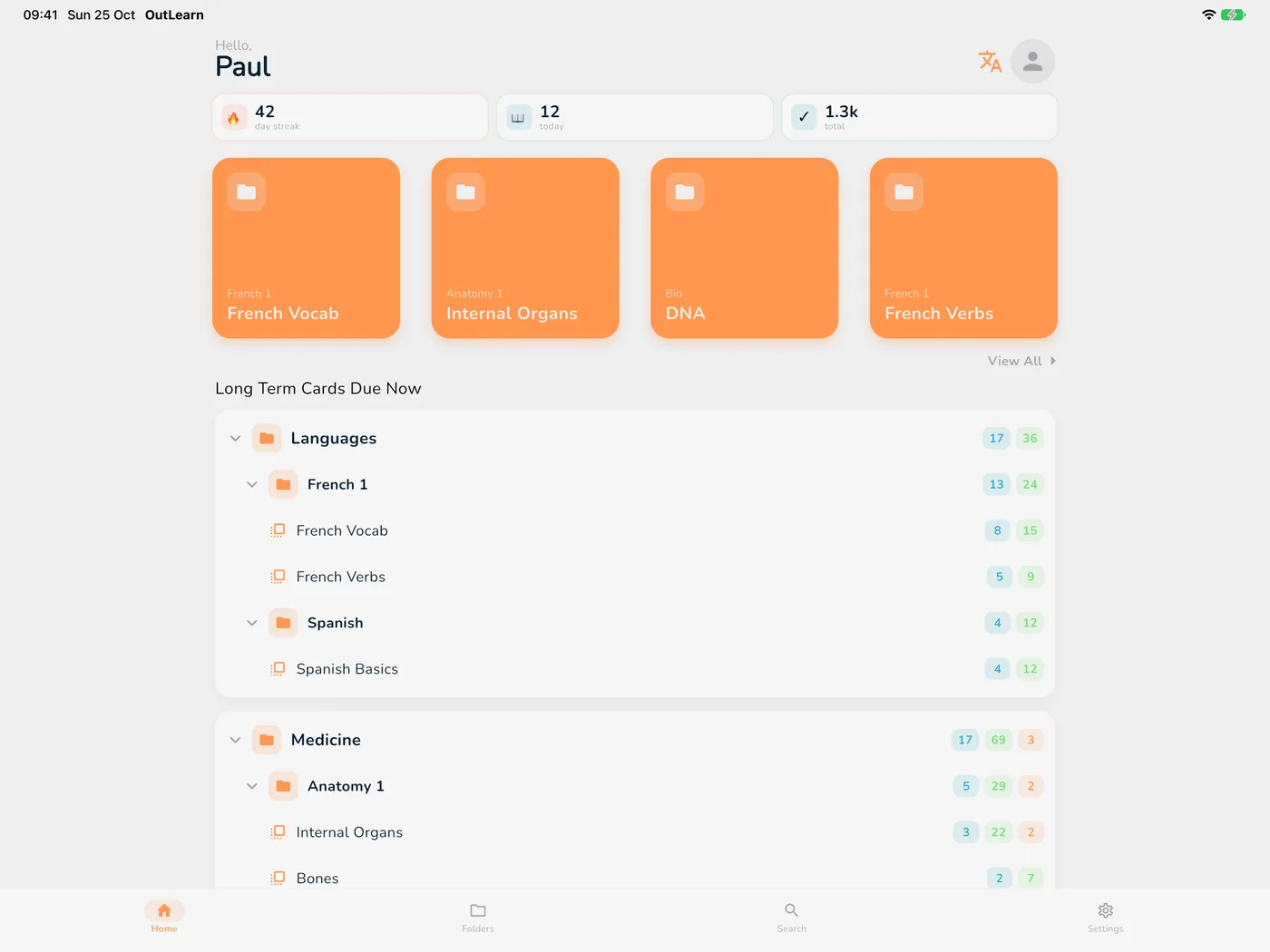 OutLearn Home on iPad, light mode, Classic theme