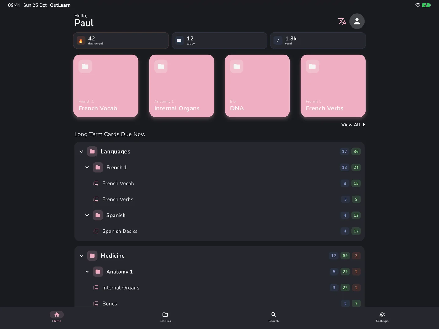 OutLearn Home on iPad, dark mode, Rose theme
