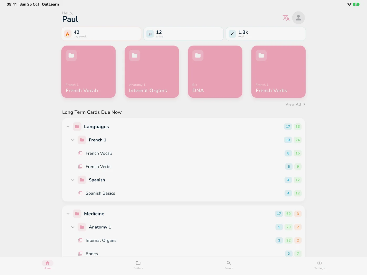 OutLearn Home on iPad, light mode, Rose theme
