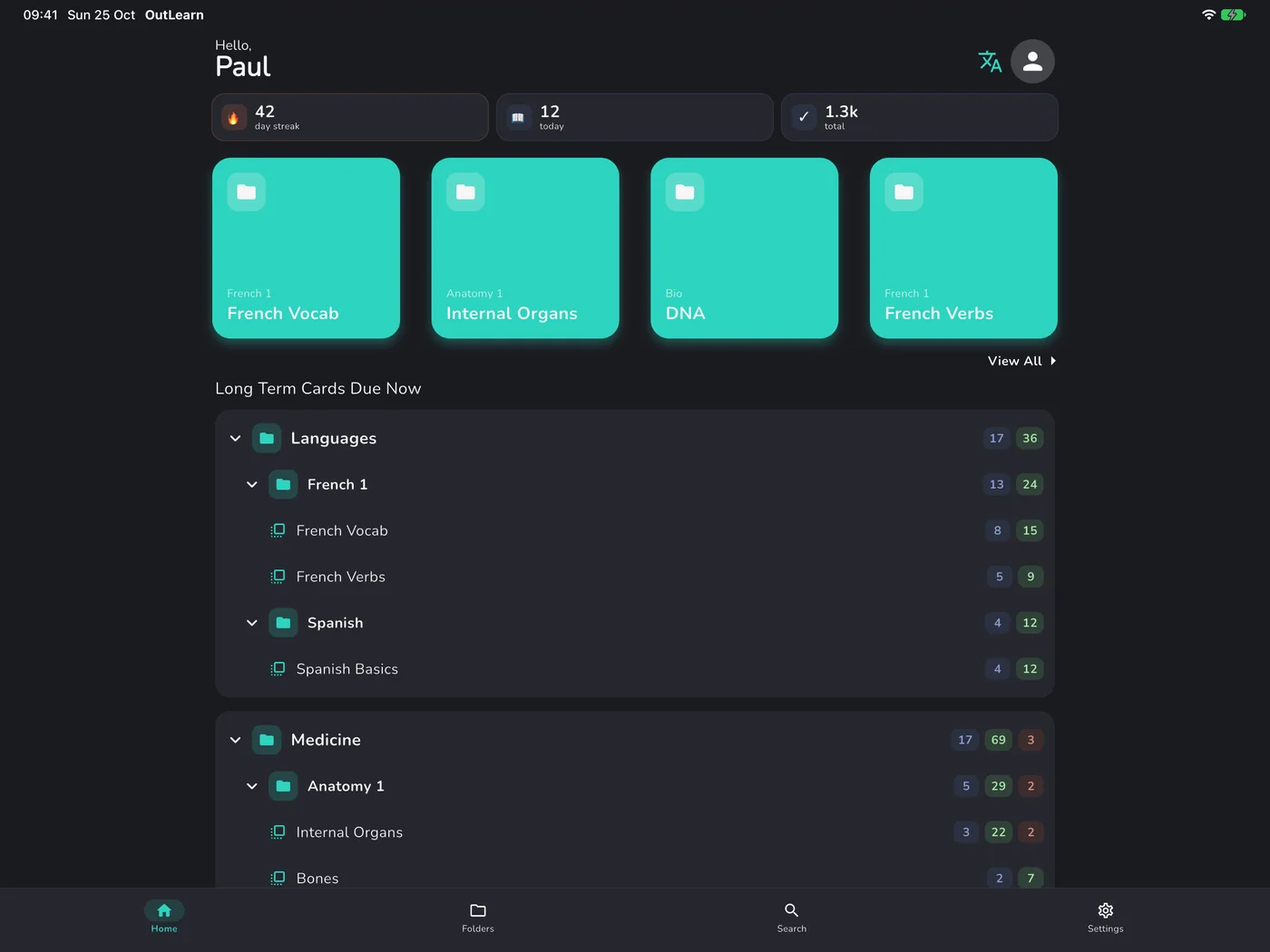 OutLearn Home on iPad, dark mode, Teal theme
