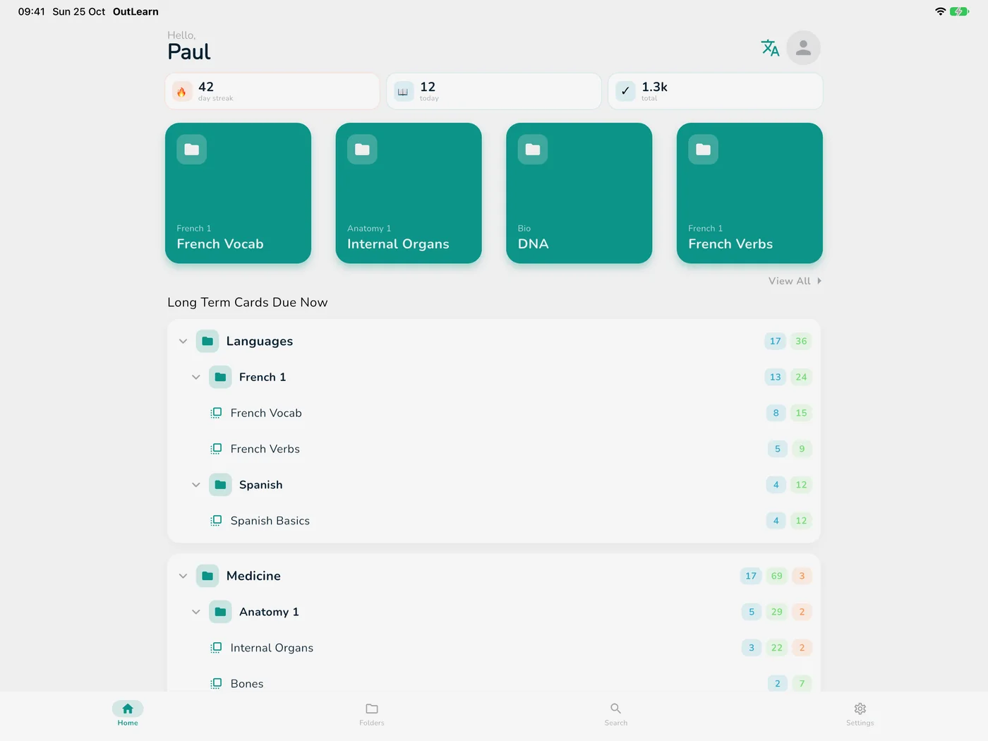 OutLearn Home on iPad, light mode, Teal theme