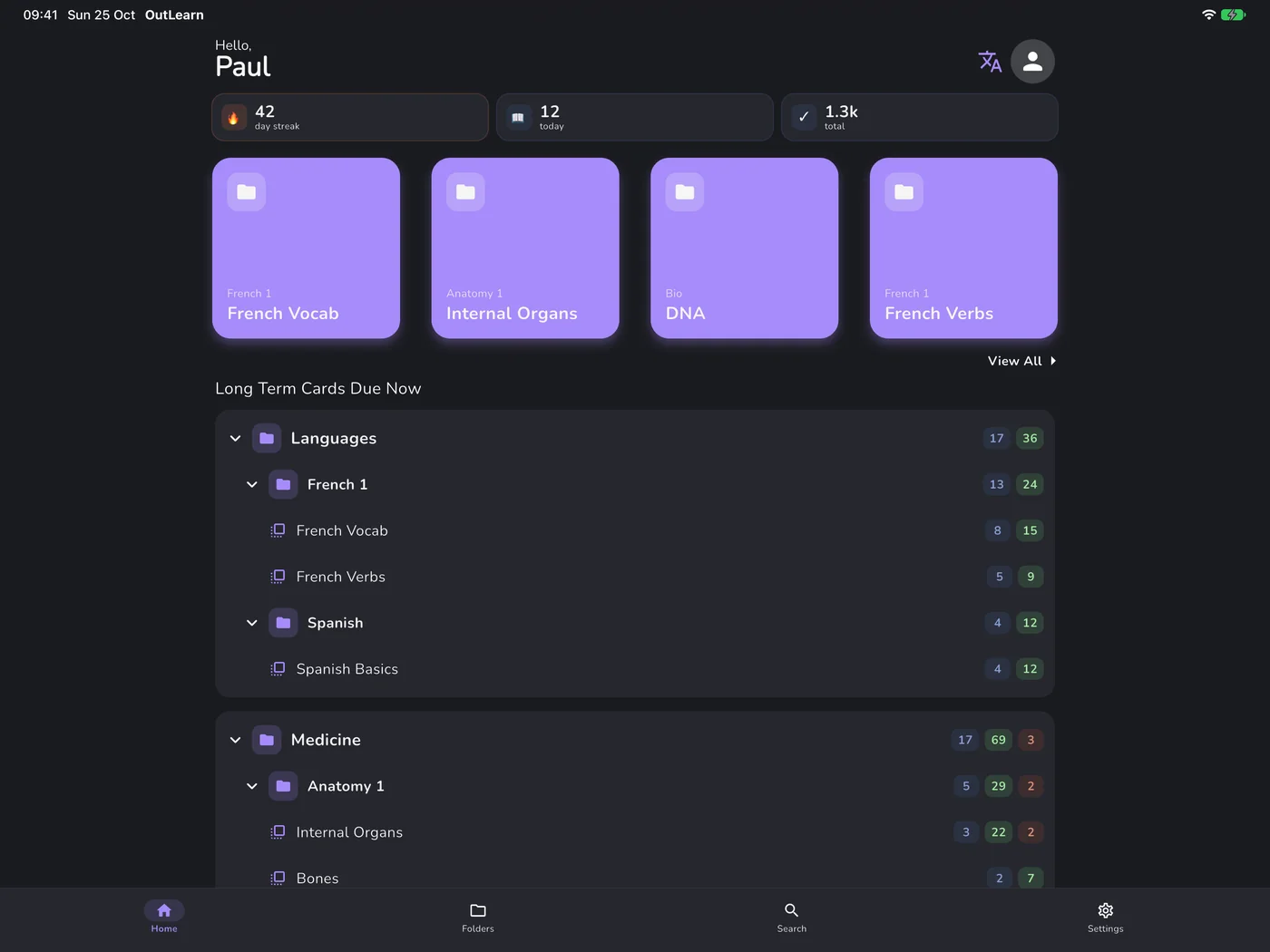 OutLearn Home on iPad, dark mode, Violet theme