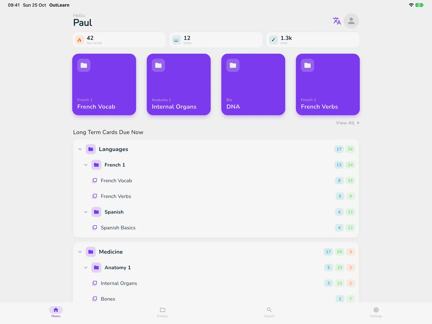 OutLearn Home on iPad, light mode, Violet theme